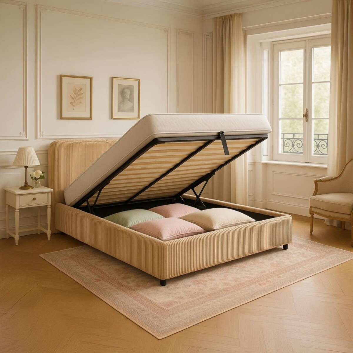 Lit coffre Colisée avec tête de lit | Robuste et confortable | Montage simple rapide | Velours Côtelé | beige