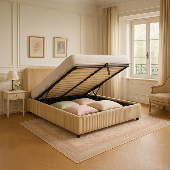 Lit coffre Colisée avec tête de lit | Robuste et confortable | Montage simple rapide | Velours Côtelé | beige