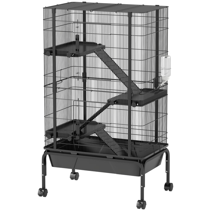Jaula para Animales Pequeños de 4 Niveles Jaula para Roedores con Ruedas Rampas Cuenco Botella de Agua y Bandeja Extraíble Recinto para Conejos Chinchillas Hurones Cobayo 69x44x120 cm Negro