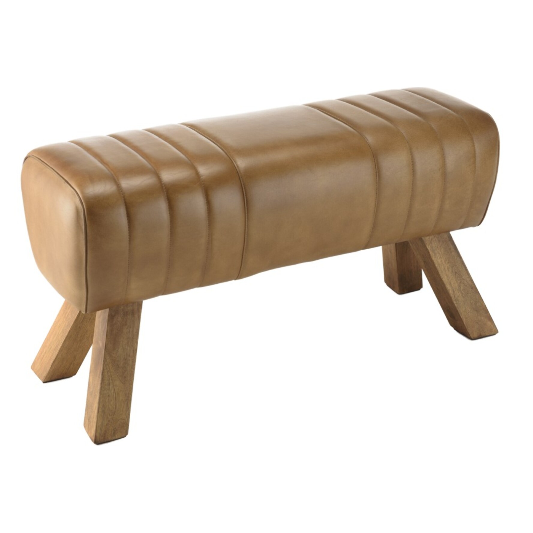 MARCEL - Banc matelassé cuir marron pieds inclinés en bois de manguier