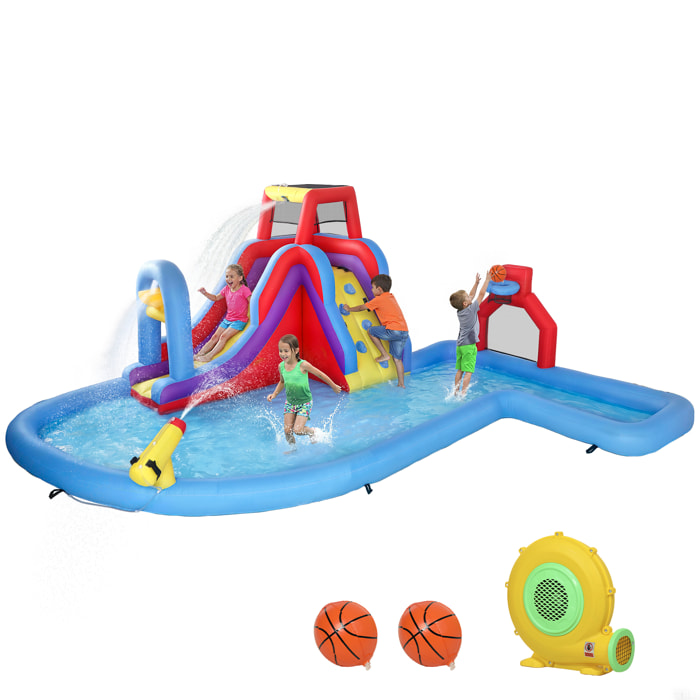 Castillo Hinchable Acuático con Soplador 550W 6 en 1 Castillo Hinchable para Niños con Tobogán Pared de Escalada Piscina Aro de Baloncesto Portería de Fútbol Exterior Interior 470x445x205 cm
