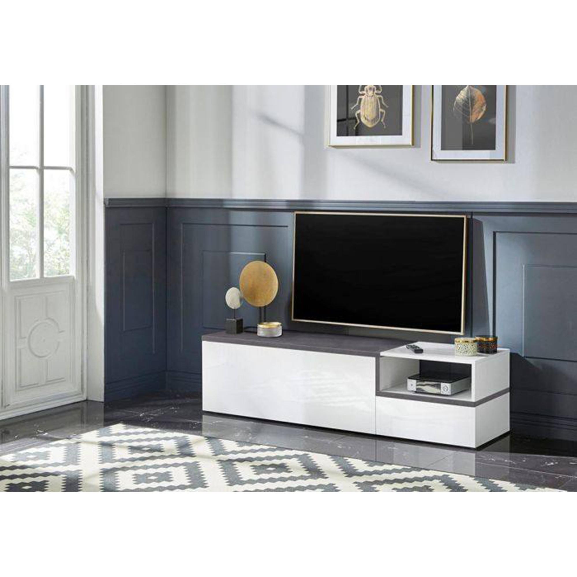 Mobile da soggiorno Porta TV, Made in Italy, Supporto per TV a 2 ante, Porta TV da salotto, cm 160x40h46, colore Bianco lucido e Ardesia