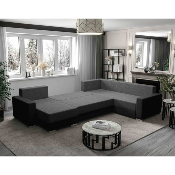 Leslie - Canapé panoramique d'angle réversible 7 places convertible avec coffre en tissu - Gris / Noir
