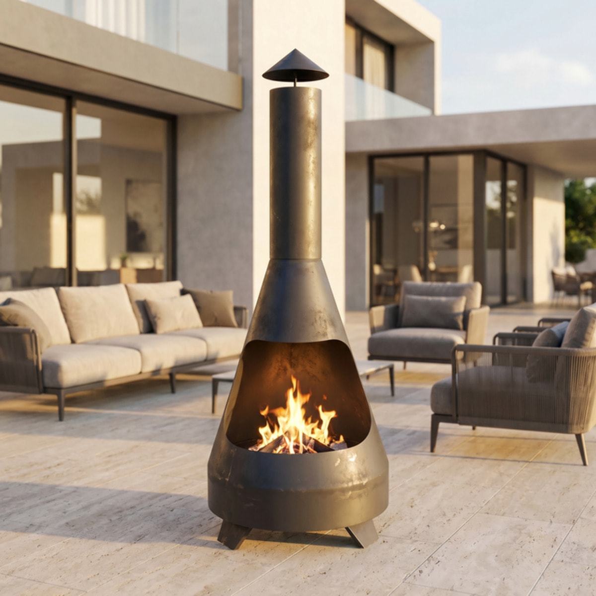 Caminetto da esterno Falcon in acciaio con comignolo 118 cm, braciere a legna grande e stabile, stufa outdoor resistente fino a 800°C, design moderno elegante, ideale per giardino terrazzo patio e veranda