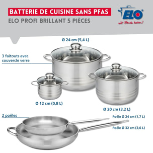 Ensemble de 2 Poêles de cuisson 24 et 32 cm et 3 faitouts 12, 20 et 24 cm Elo Profi Brillant