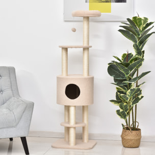 Árbol Rascador para Gatos Altura 148 cm Árbol para Gatos Torre para Gatos con Postes de Sisal 3 Plataformas Casita y Bola Colgante Beige