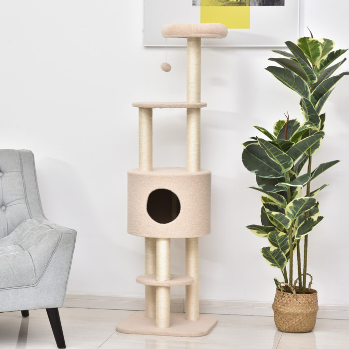 Árbol Rascador para Gatos Altura 148 cm Árbol para Gatos Torre para Gatos con Postes de Sisal 3 Plataformas Casita y Bola Colgante Beige