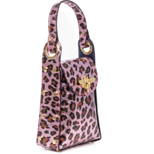 Alviano bolso de mano mujer. Piel auténtica Gamuza con estampado animal print leopardo lacada brillante.