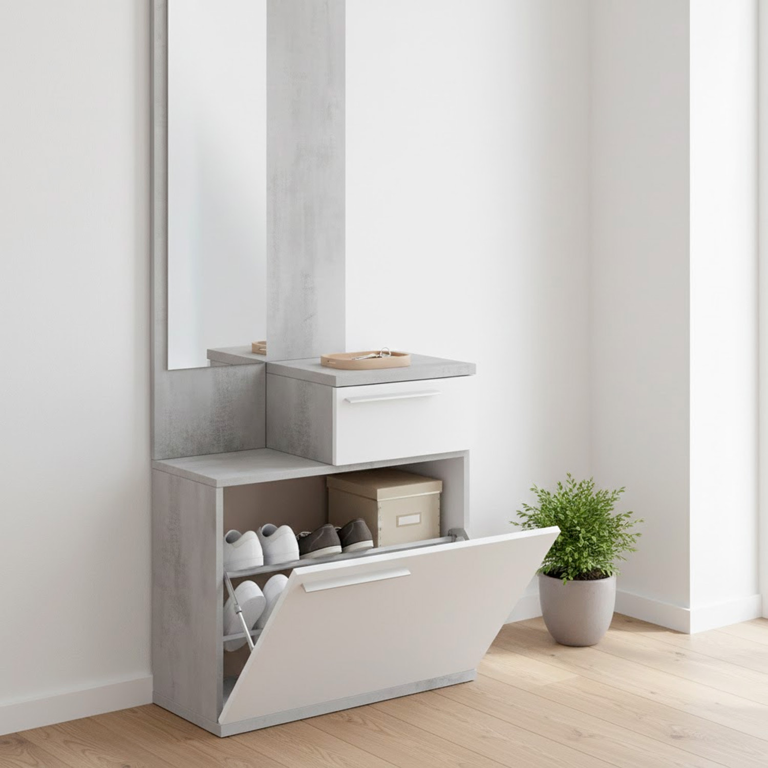 Mobile Da Ingresso Set Con Specchio E Scarpiera a Ribalta Mobile Salvaspazio Con Cassetto e Ripiani Per Ingresso 61x28x185 Cm Bianco E Grigio Cemento