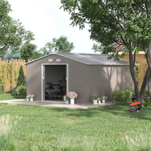 Caseta de Jardín Exterior 12,4 m² 340x386x200 cm, Cobertizo de Jardín Exterior Metálico con Puerta Corredera, Base Refuerzo (Suelo NO Incluido) y Ventanas Gris Claro