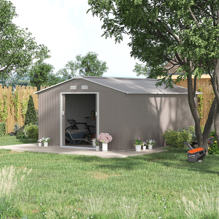 Caseta de Jardín Exterior 12,4 m² 340x386x200 cm, Cobertizo de Jardín Exterior Metálico con Puerta Corredera, Base Refuerzo (Suelo NO Incluido) y Ventanas Gris Claro