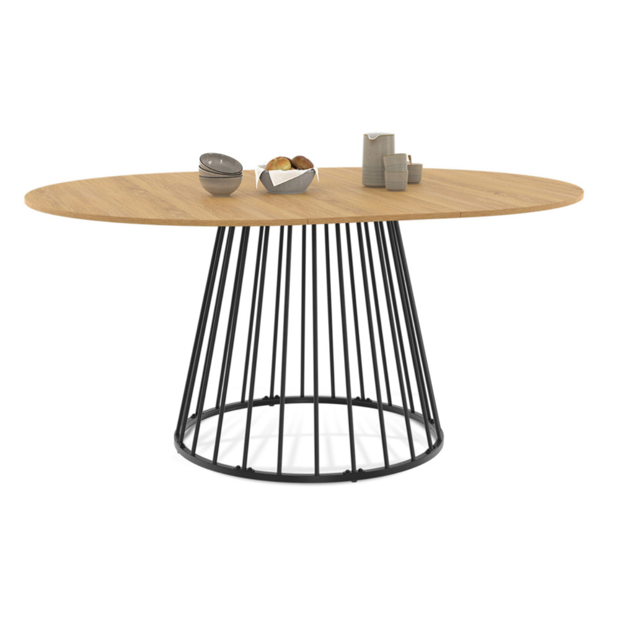 Table repas Adelle plateau rond extensible 110-150cm et pied filaire noir