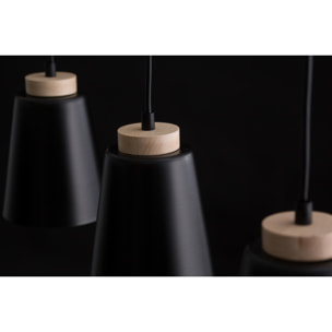 Lampada a sospensione BOLERO 3 in acciaio nero opaco e legno