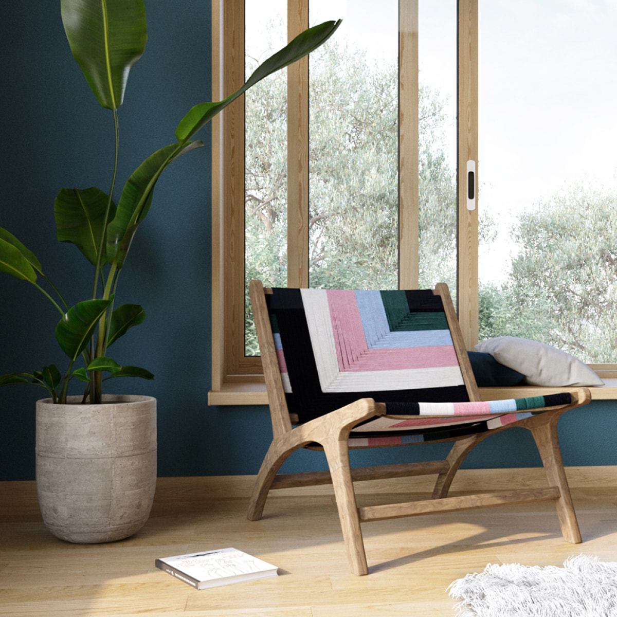Fauteuil multicolore en fil de laine tressé et bois de teck - Callie