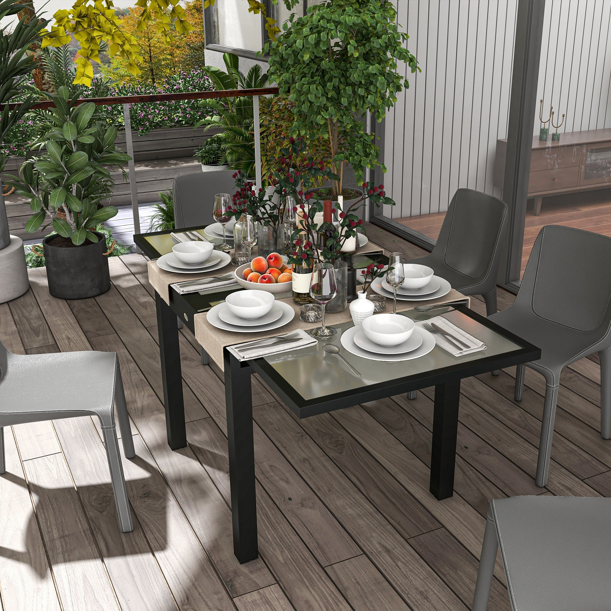 Table extensible de jardin grande taille dim. dépliées 160L x 80l x 75H cm alu métal époxy anthracite plateau verre trempé transparent