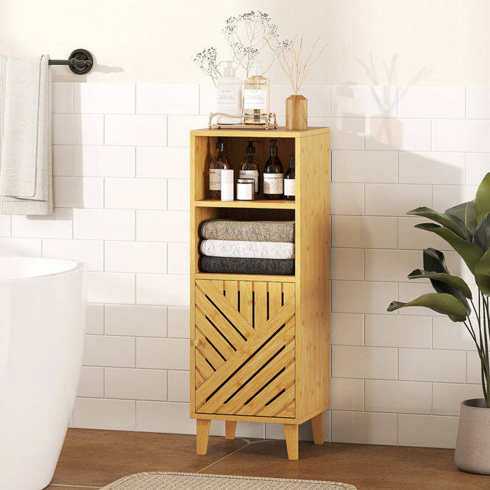 Meuble de salle de bain, meuble de rangement, armoire salle de bain avec 1 placard, 2 compartiment ouvert, porte et pieds en bambou, 32 x 30 x 90 cm, effet bois naturel