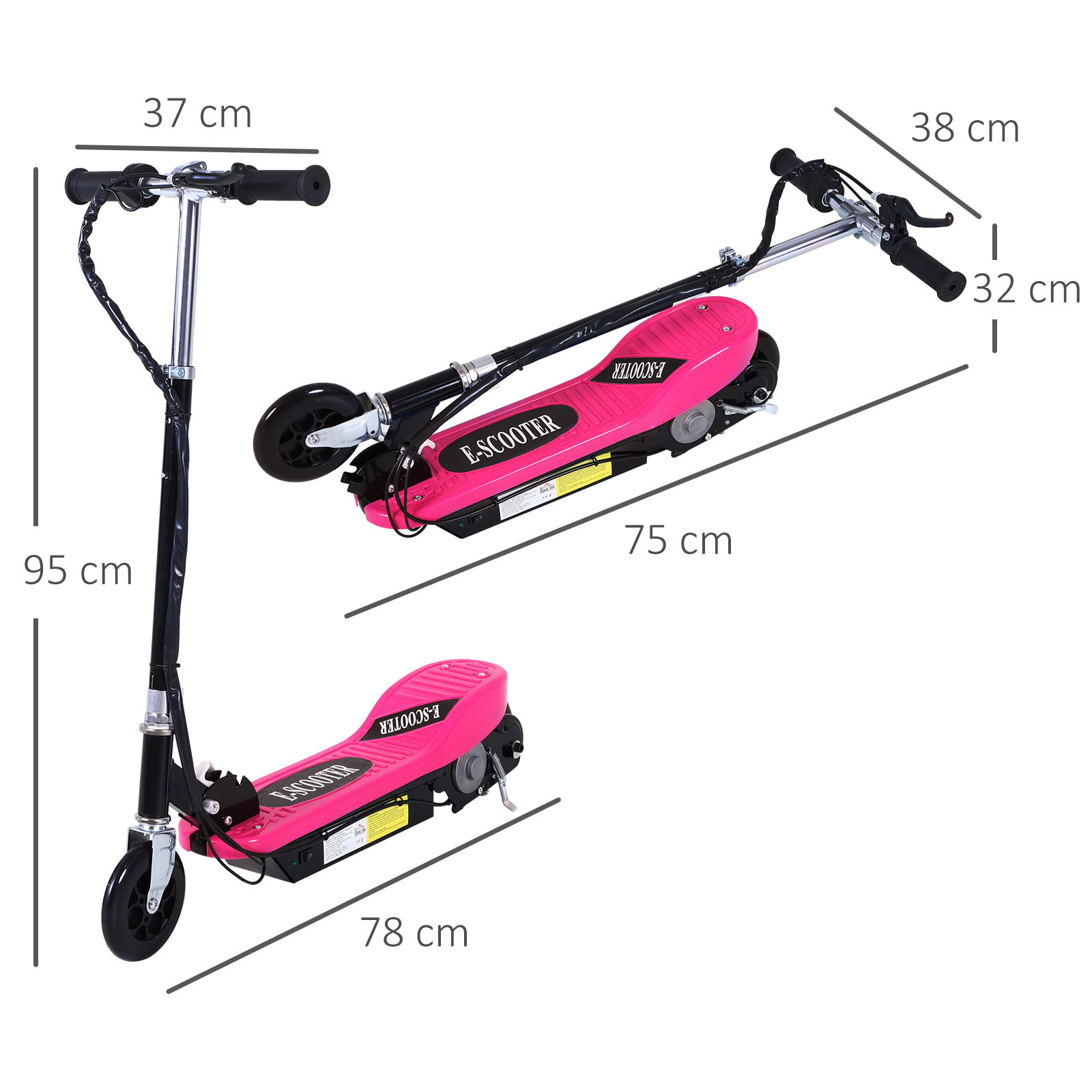 Patinete Eléctrico Plegable para Niños y Adolescentes de +7 Años Velocidad de 10 km/h Scooter Eléctrico con Manillar Ajustable en Altura y Frenos Carga Máx. 50 kg 78x37x87-95 cm Rosa