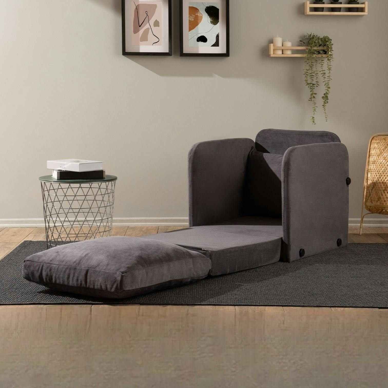 Fauteuil convertible gris velours couchage 200 cm ORURO