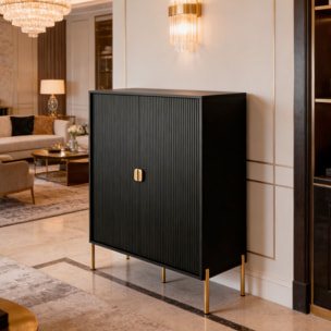 Credenza Mobile Contenitore 2 Ante Cannettate E Piedini Oro Madia Moderna con Ripiani Interni E Chiusura Soft Close 103.6 x 124 x 39.6 Cm Nero