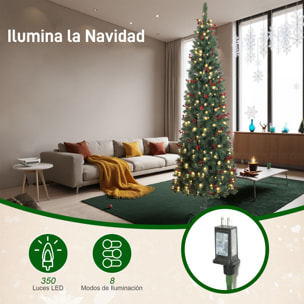 Árbol de Navidad Estrecho 230 cm, Árbol de Navidad Artificial con Luces LED Blanca Cálida, 8 Modos de Iluminación, 761 Ramas con Purpurina Plateada, Piñas, Bayas y Soporte Metálico, Verde