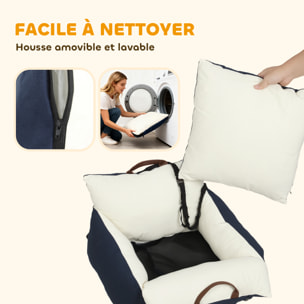 Siège auto sac de transport chien 2 en 1 - réglable - coussin déhoussable - coton bleu écru