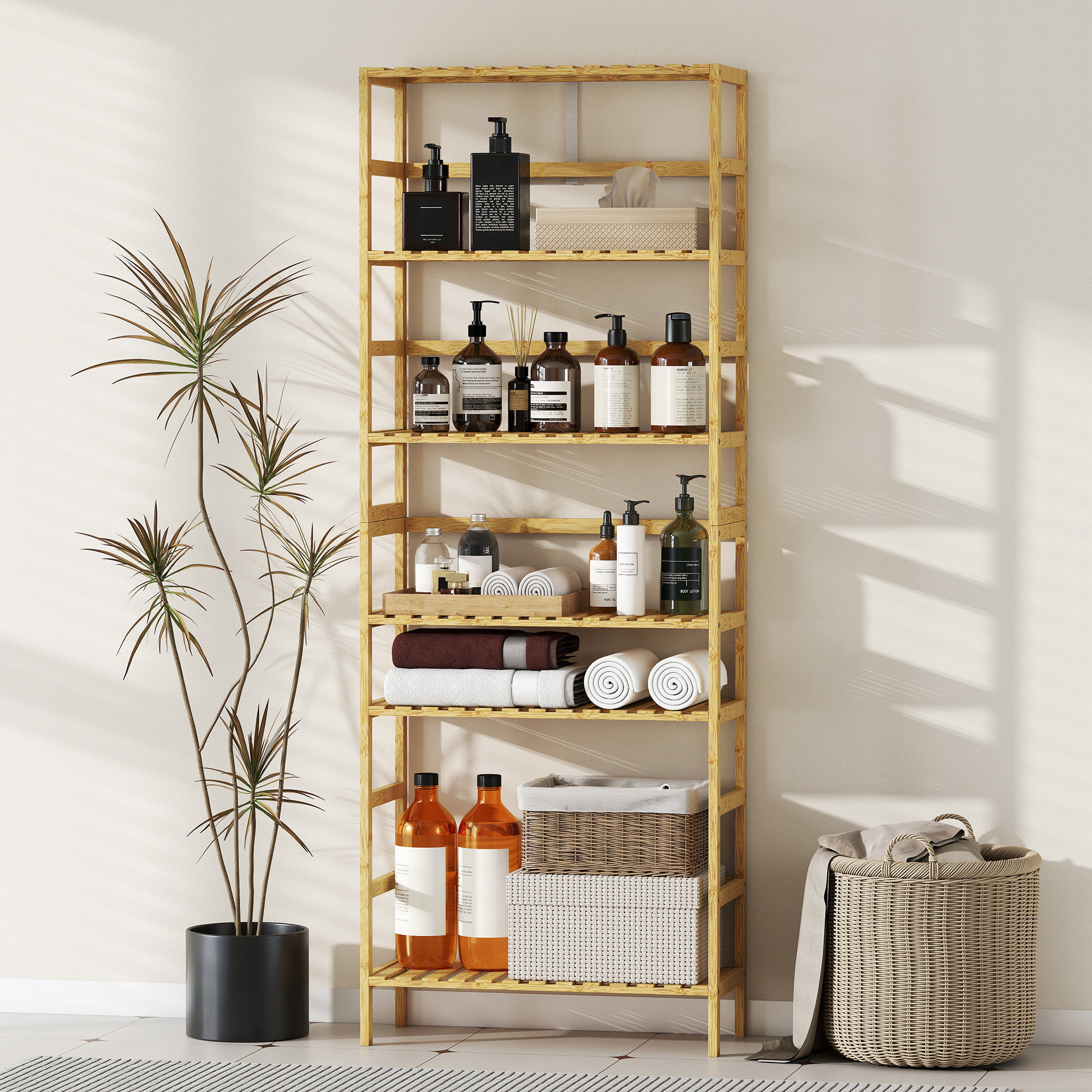 Estantería de Bambú de 6 Niveles, Estantería Almacenaje, Estantes Ajustables, Librería Estrecha para Espacios Pequeños, Baño, Sala de Estar y Cocina, 60x26x161 cm, Natural
