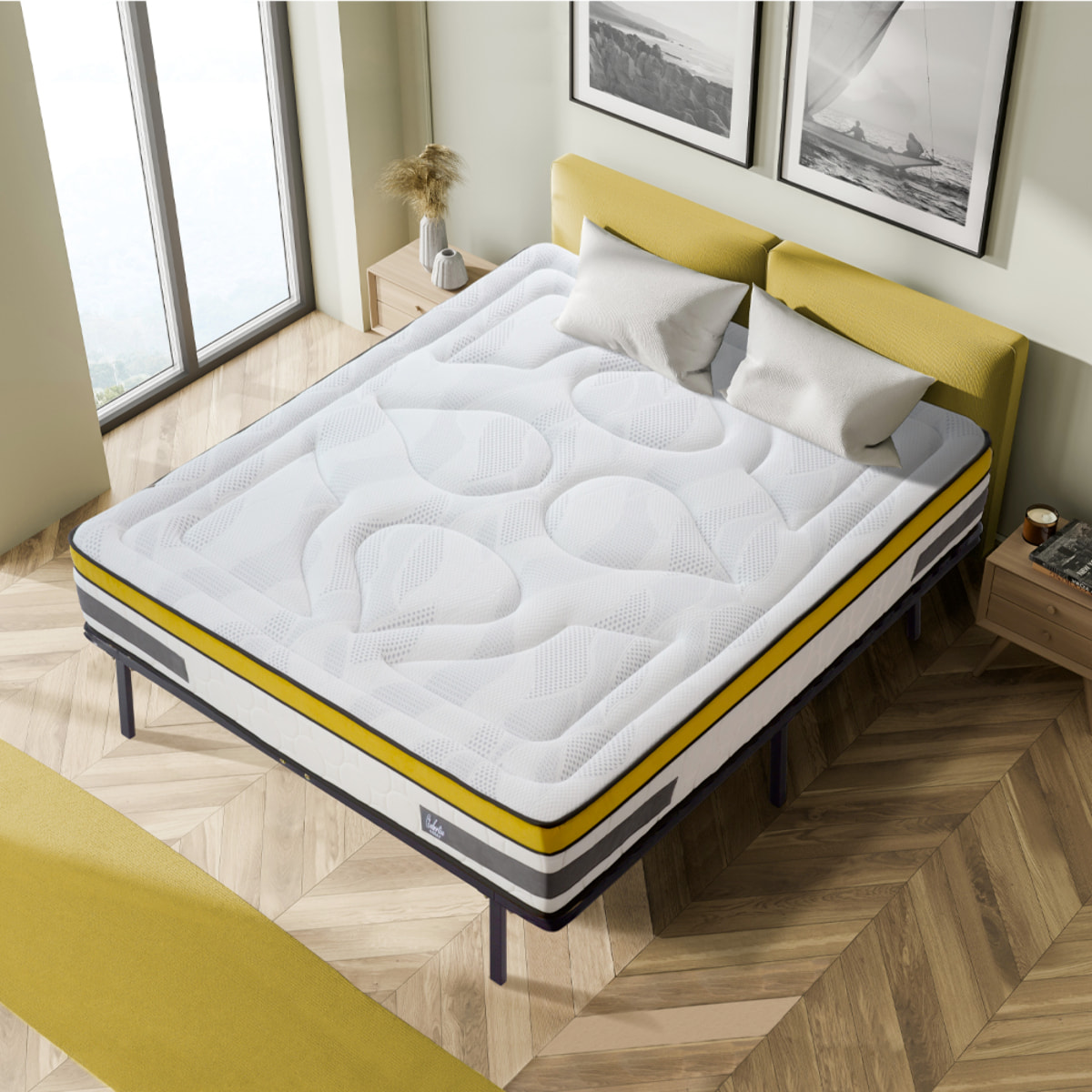 Ensemble Matelas Ressorts ensachés Aubertin + sommier cadre métal - 1 Place