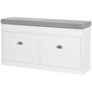 HOMCOM Banco Zapatero Banco de Almacenamiento para 8 Pares de Zapatos con 2 Cajones Estantes Ajustables y Cojín Acolchado para Entrada Pasillo 104x24x55 cm Blanco
