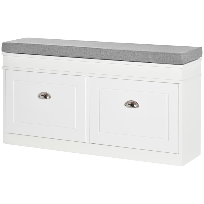 HOMCOM Banco Zapatero Banco de Almacenamiento para 8 Pares de Zapatos con 2 Cajones Estantes Ajustables y Cojín Acolchado para Entrada Pasillo 104x24x55 cm Blanco
