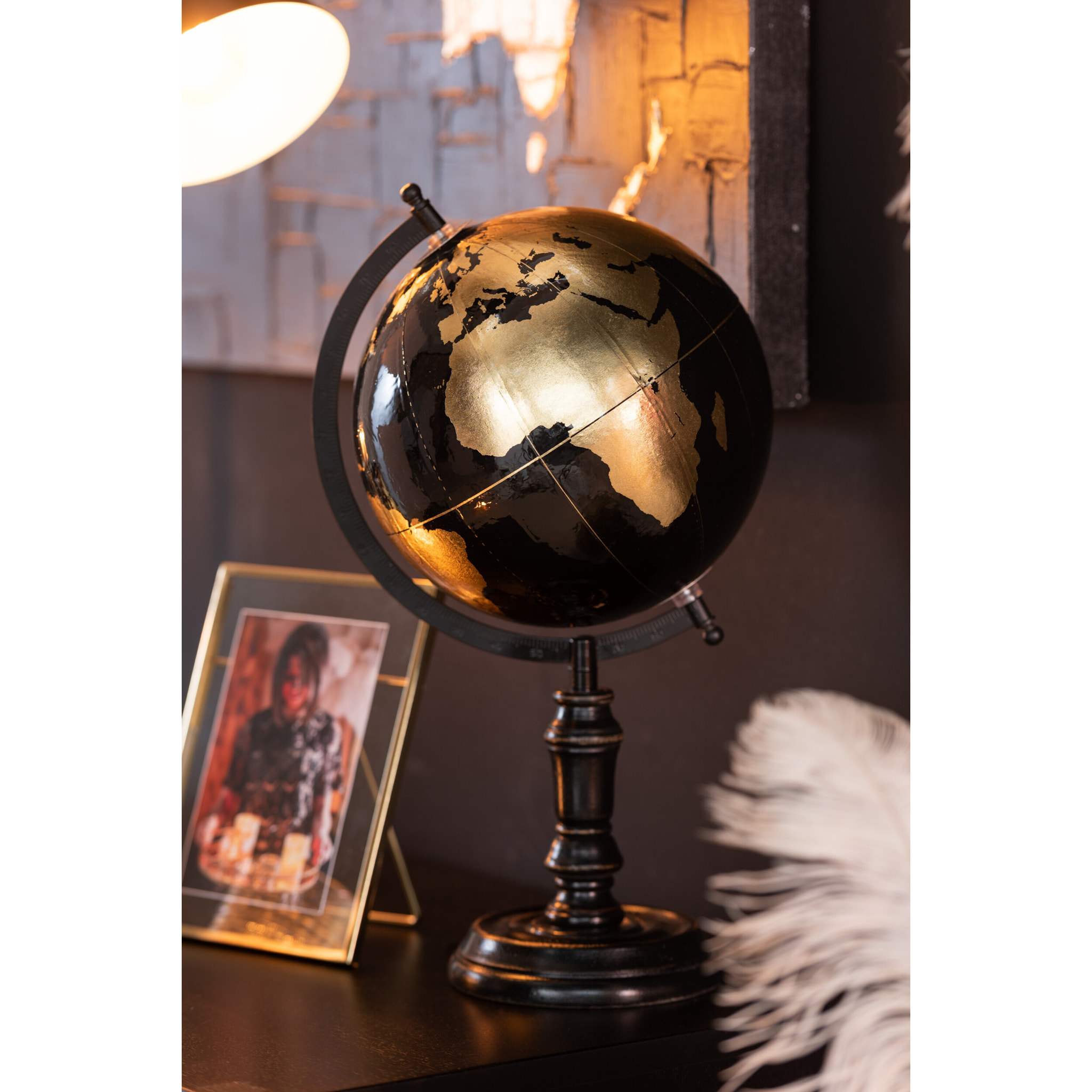 J-Line globe Sur Pied - bois - noir/or - medium