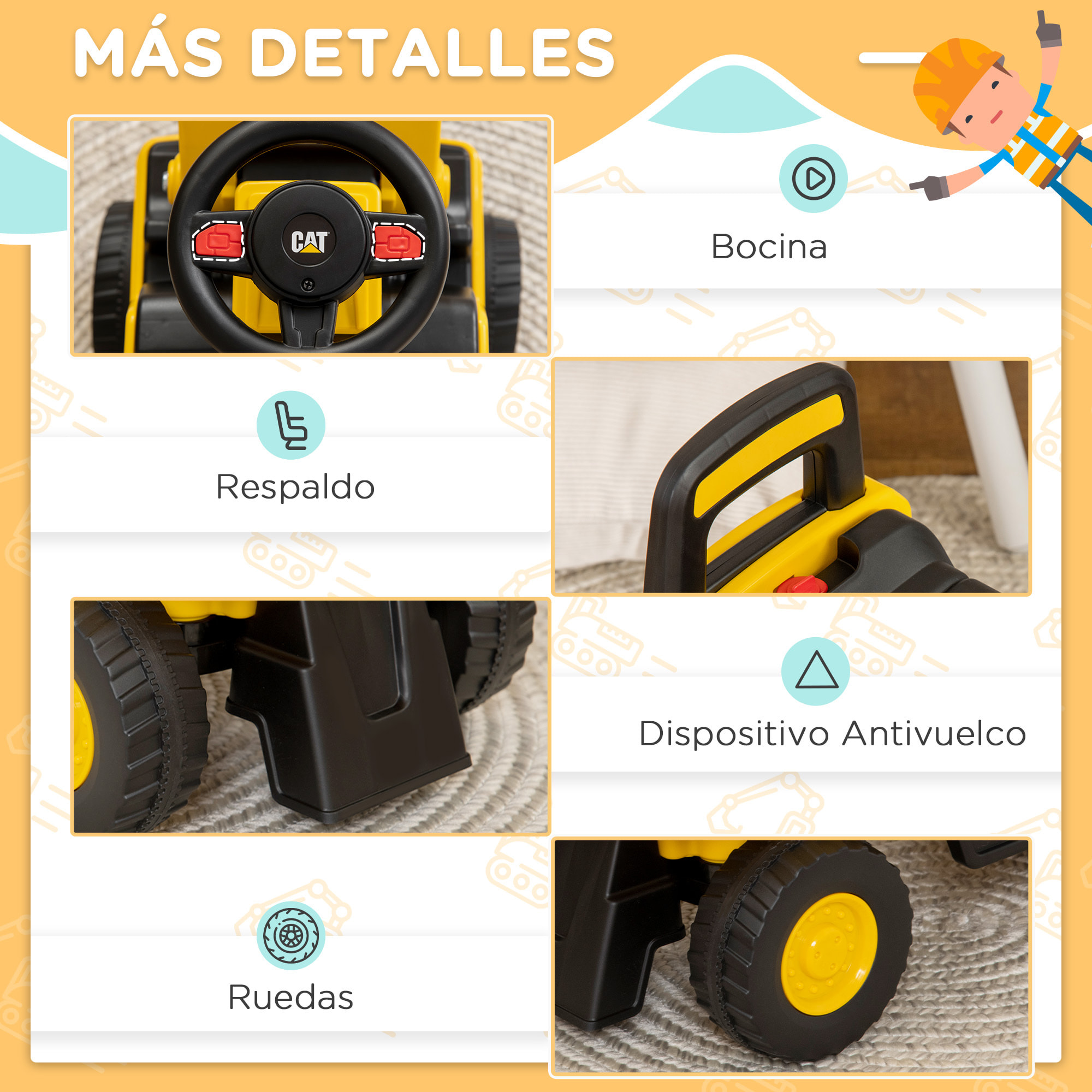 Tractor Correpasillos con Licencia Caterpillar Excavadora para Niños de 18 a 36 Meses con Pala Delantera y Bocina Carga 25 kg 78x29,5x54 cm Amarillo