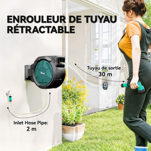 Dévidoir mural enrouleur automatique pivotant 180° tuyau 25+2m avec pistolet arrosage support mural intégré vert noir