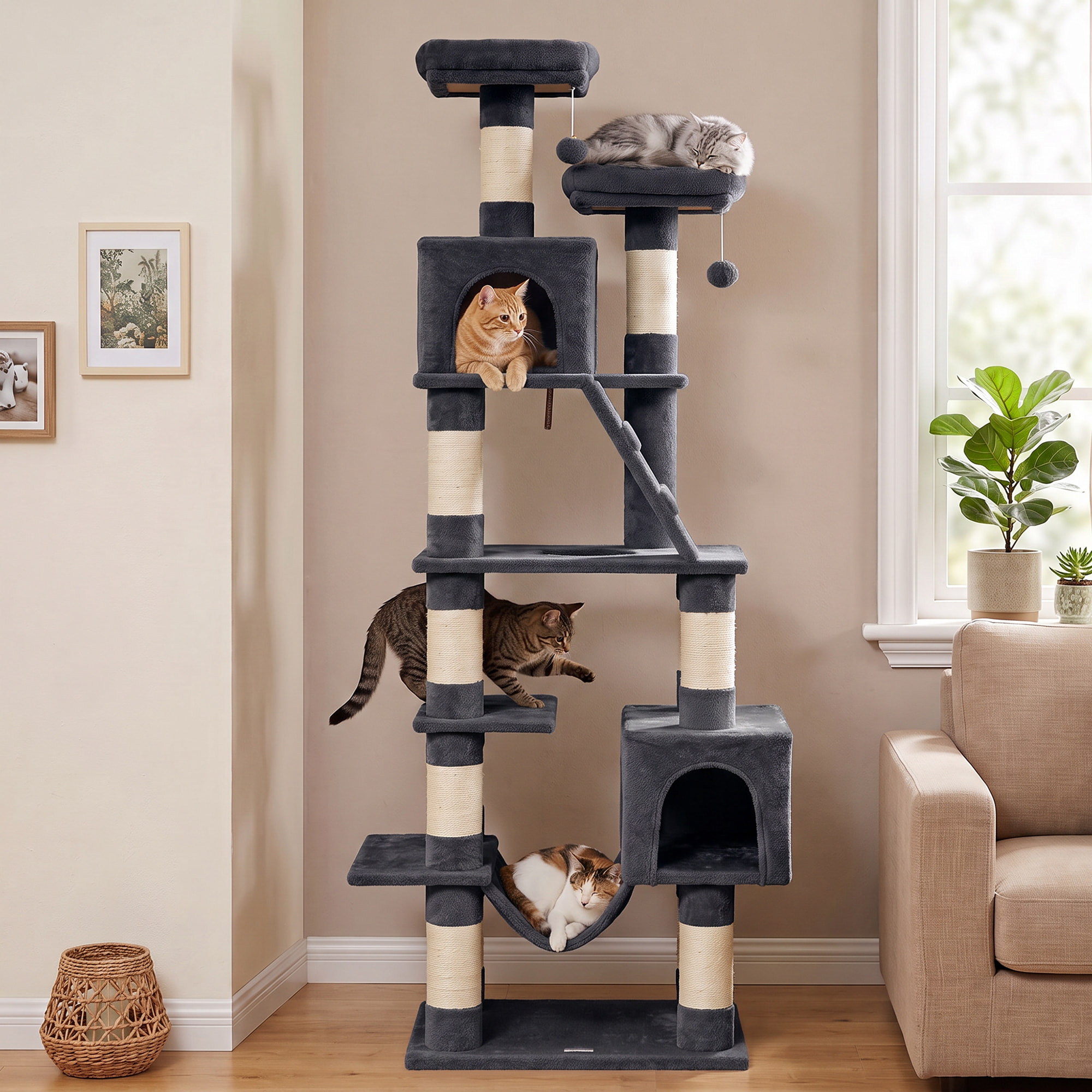 Árbol Rascador para Gatos 204 cm, Torre para Gatos Multinivel con 2 Cuevas, 2 Camas, Hamaca, Postes de Sisal, Escalera, 2 Bolas Colgantes, Tela de Felpa, para 1-3, Gris Oscuro