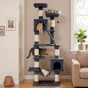Árbol Rascador para Gatos 204 cm, Torre para Gatos Multinivel con 2 Cuevas, 2 Camas, Hamaca, Postes de Sisal, Escalera, 2 Bolas Colgantes, Tela de Felpa, para 1-3, Gris Oscuro