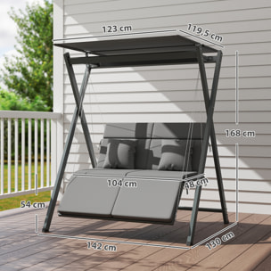 Columpio de Jardín Exterior de 2 Plazas Balancín de Jardín Exterior Convertible en Cama con Toldo Ajustable Protección UV30+ y Cojines Carga 220 kg 142x130x168 cm Gris Oscuro