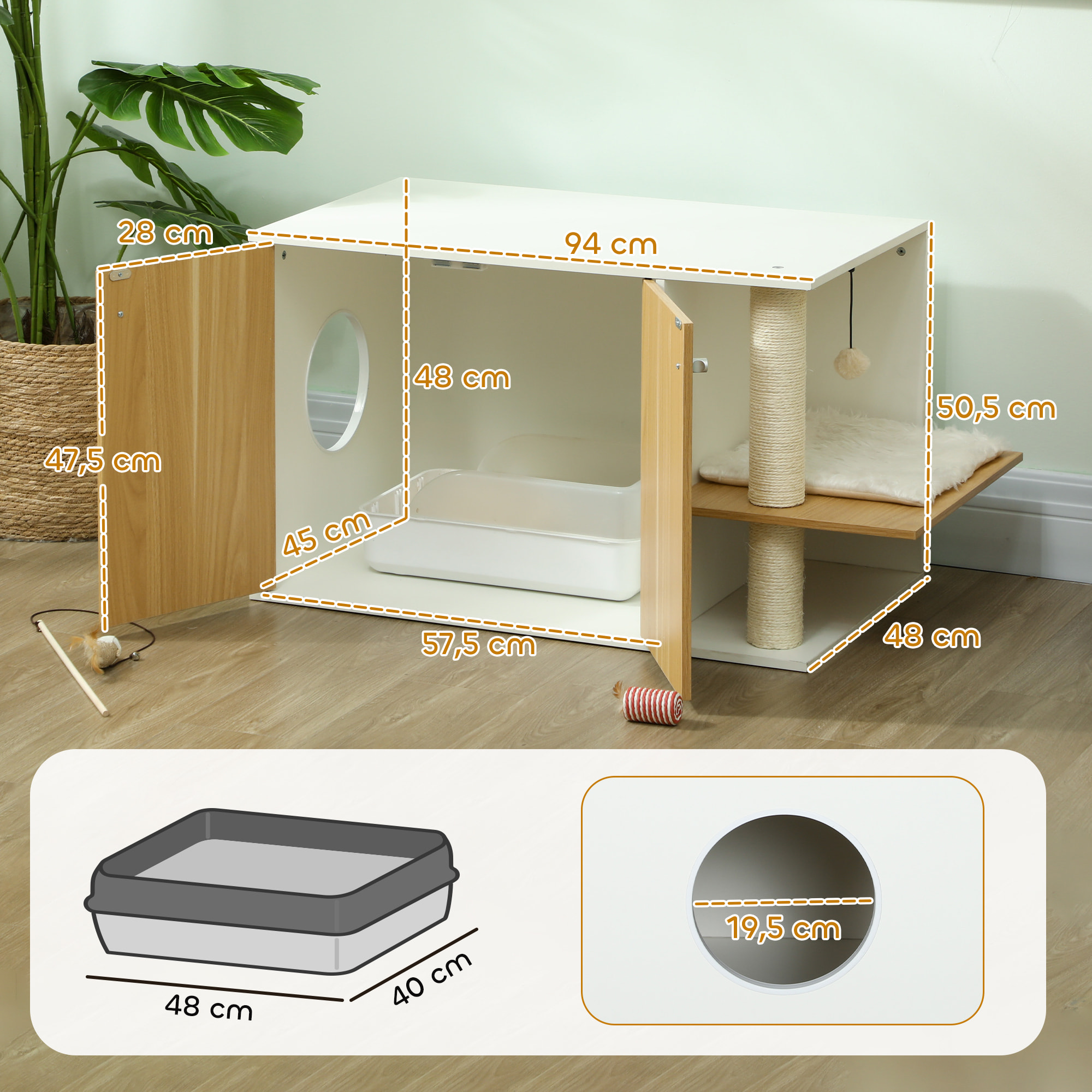 Mueble Arenero para Gatos 3 en 1 Nido Mesa Auxiliar Caja de Arena para Gatos con Puertas Cojín Poste para Rascar y Centro de Juegos para Salón Dormitorio 94x48x50,5 cm Roble y Blanco