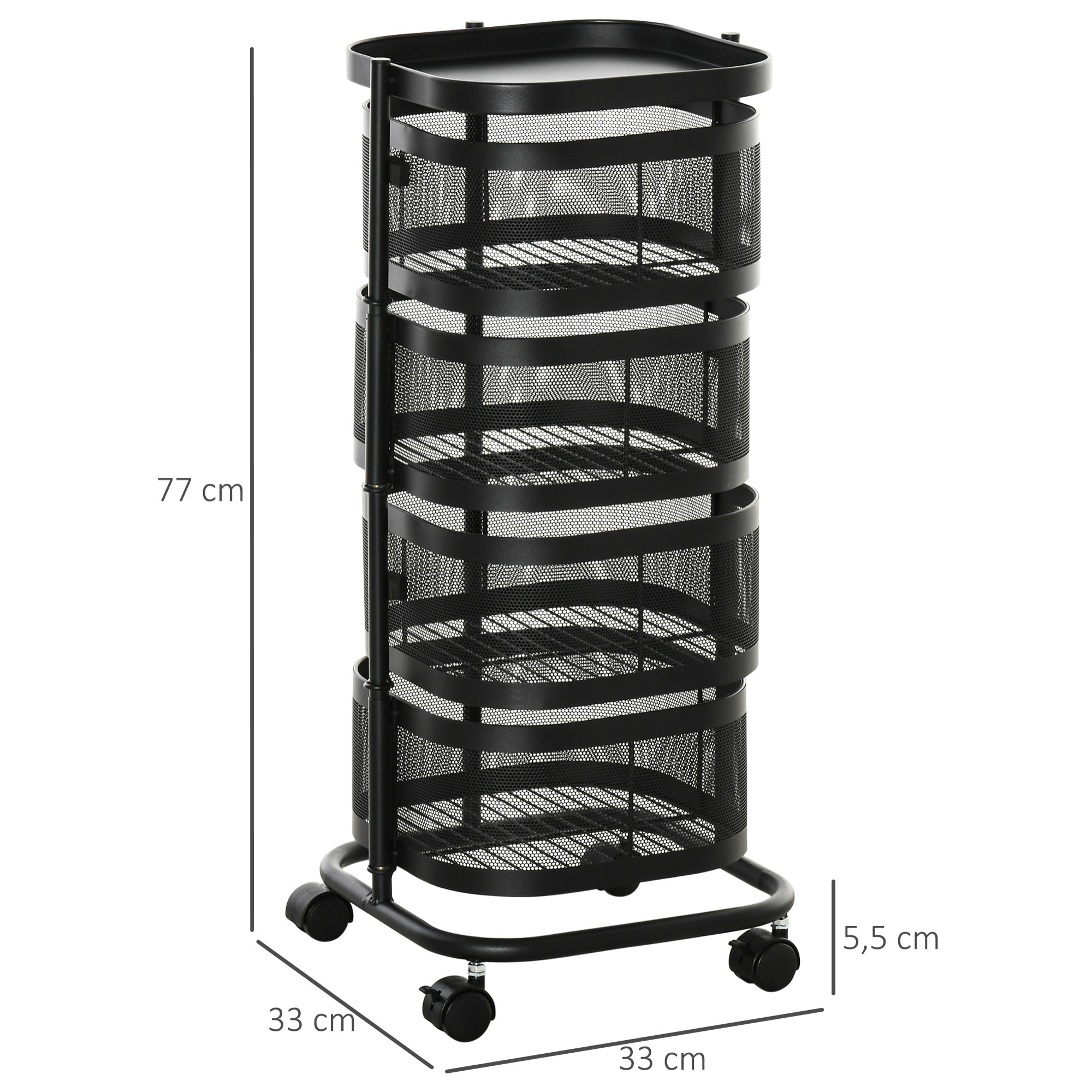Carrito Auxiliar con Ruedas de 5 Niveles, Carrito de Cocina con 4 Cestas de Almacenamiento Giratorias 270° y Bandeja Superior, para Frutas, Verduras, Utensilios, 33x33x77 cm, Negro