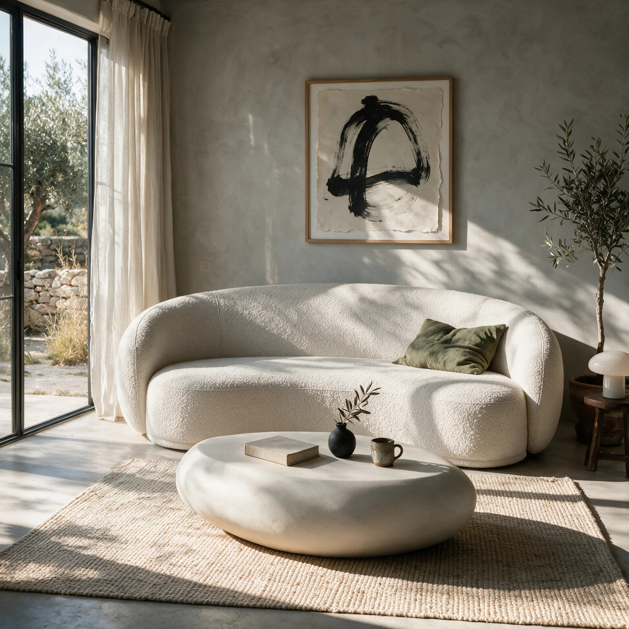 Table basse ovale écrue en fibre d'argile effet béton 105 cm - Maui