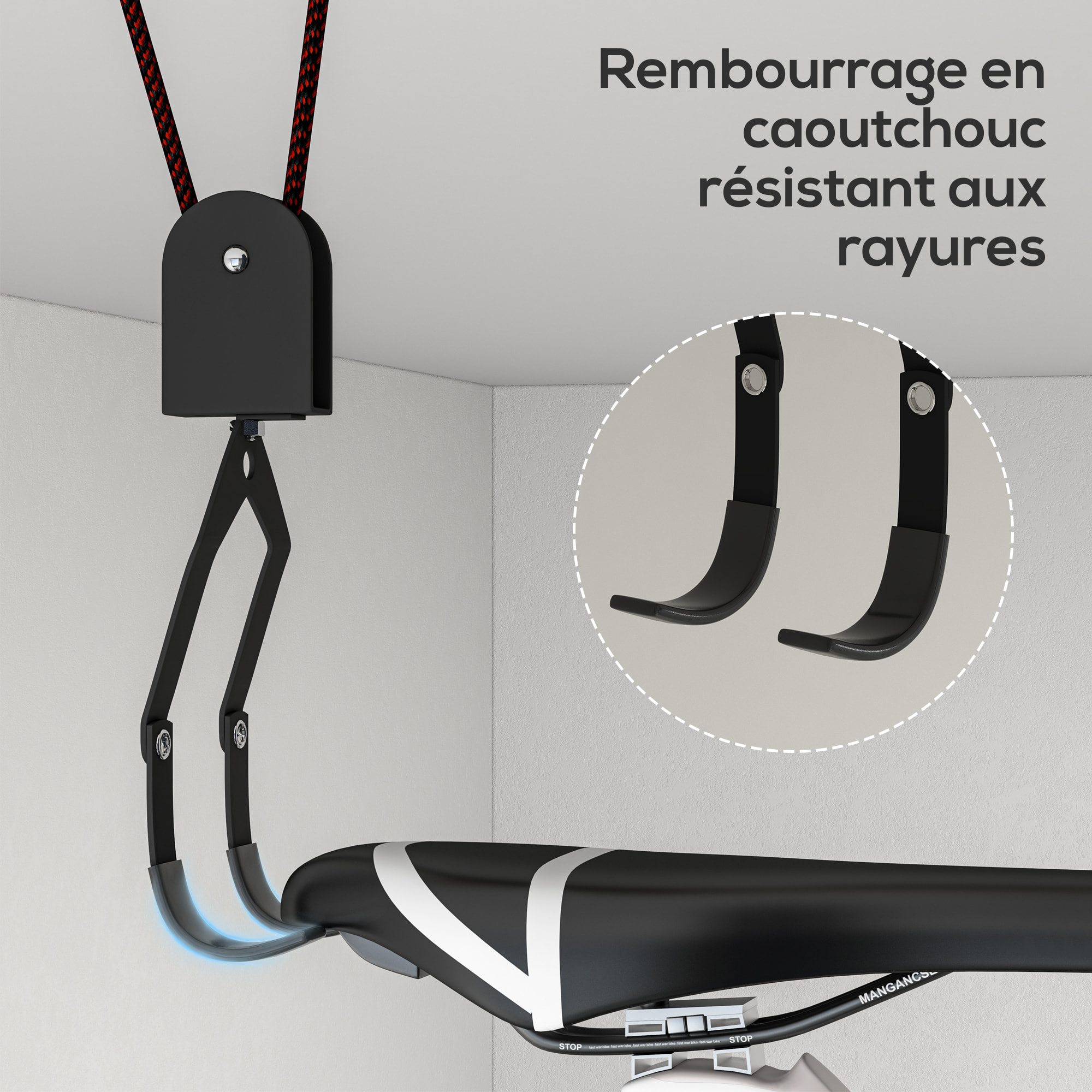 Élévateur de vélo support vélo plafond fixation murale ascenseur vélo avec poulie mécanisme de verrouillage capacité de chargement 20 kg acier noir