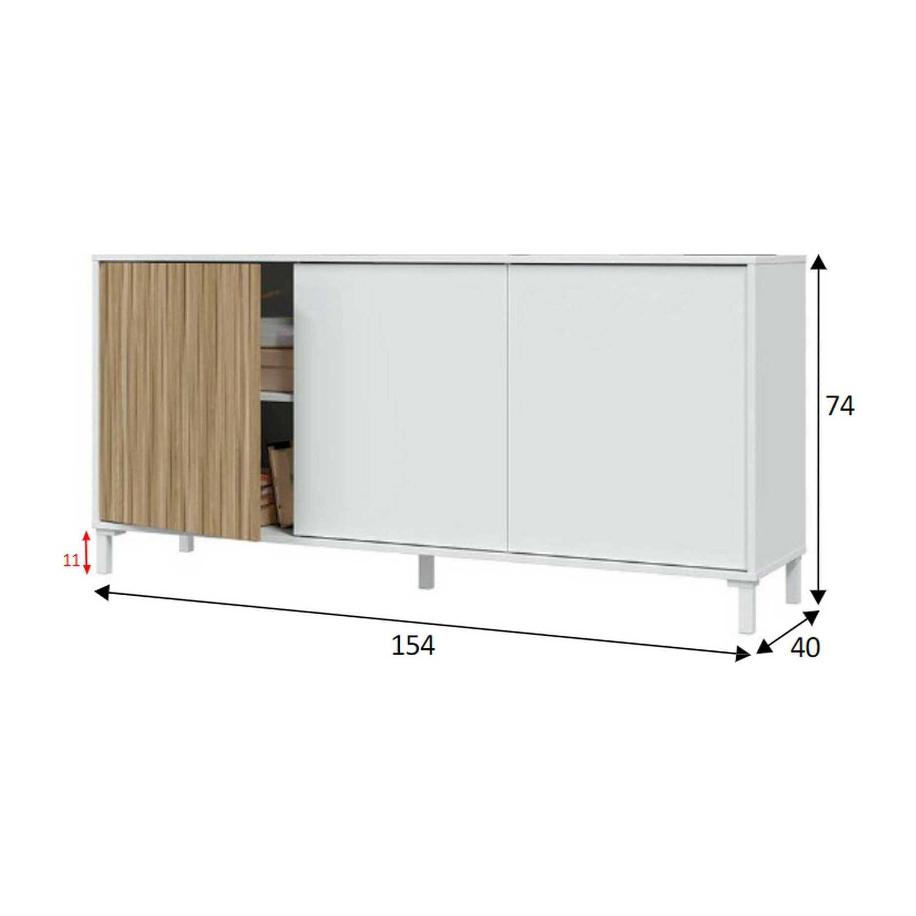 Credenza Woburn, Buffet da soggiorno a 3 ante, Madia moderna da salotto, 154x40h74 cm, Bianco