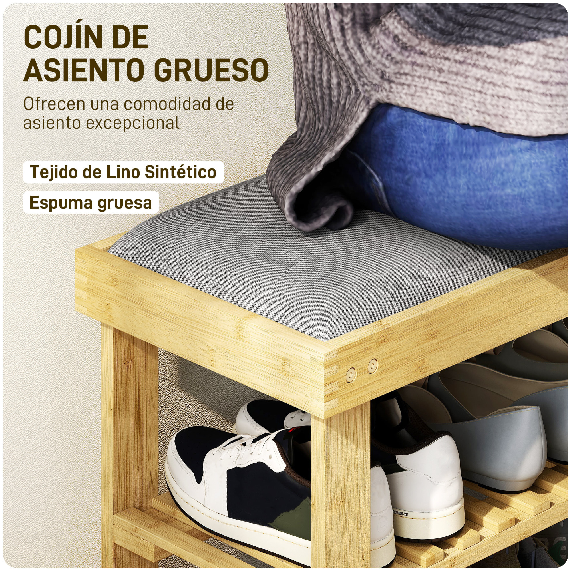 Banco Zapatero de Bambú Zapatero con Asiento Acolchado 2 Estantes para 6 Pares de Zapatos para Entrada Dormitorio 60x29x49 cm Natural y Gris