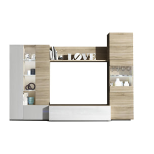 Parete attrezzata Raleigh, Mobile da soggiorno porta TV modulare, Composizione salotto con pensili e vetrine e luce led, cm 260x42h185, Rovere e Bianco