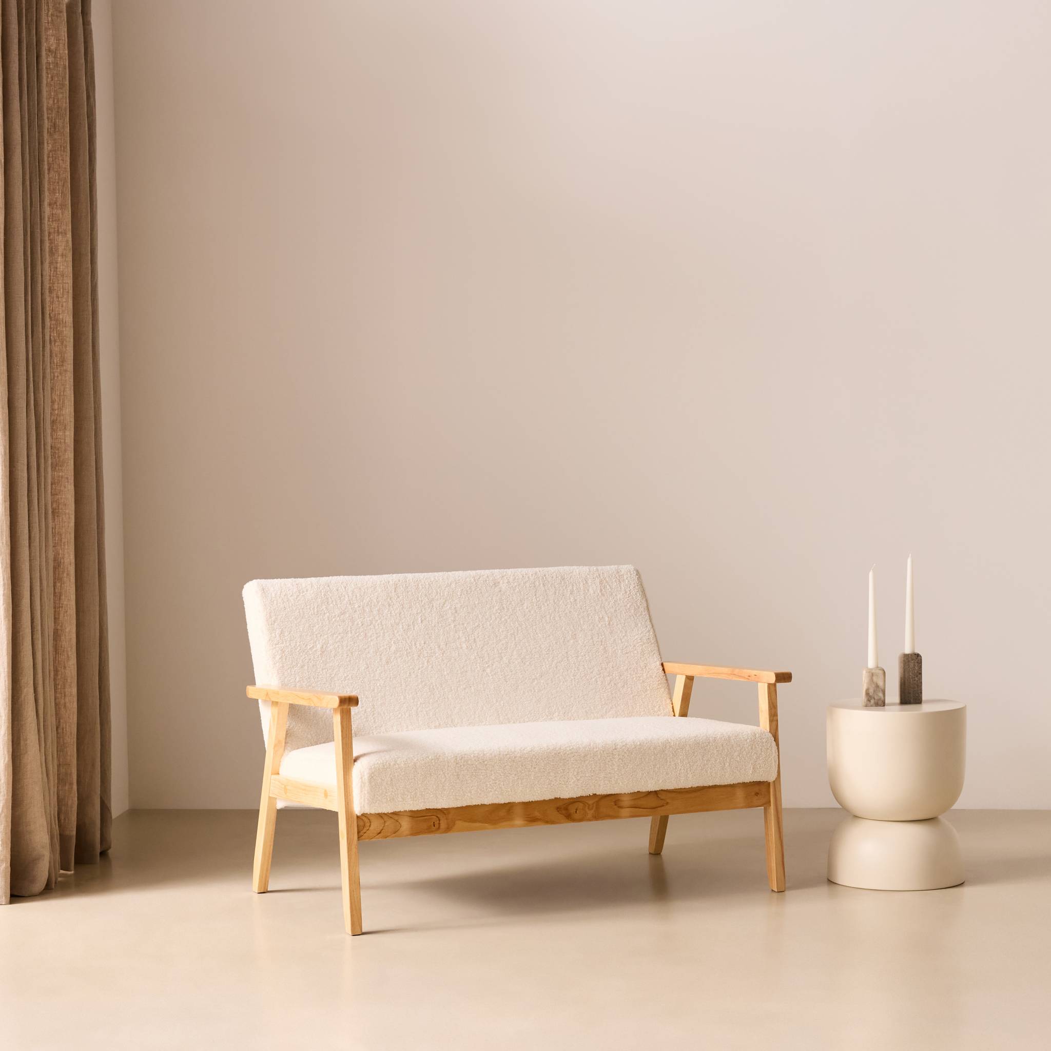 Canapé banquette 2 places bois d'hévéa bouclette ISAK