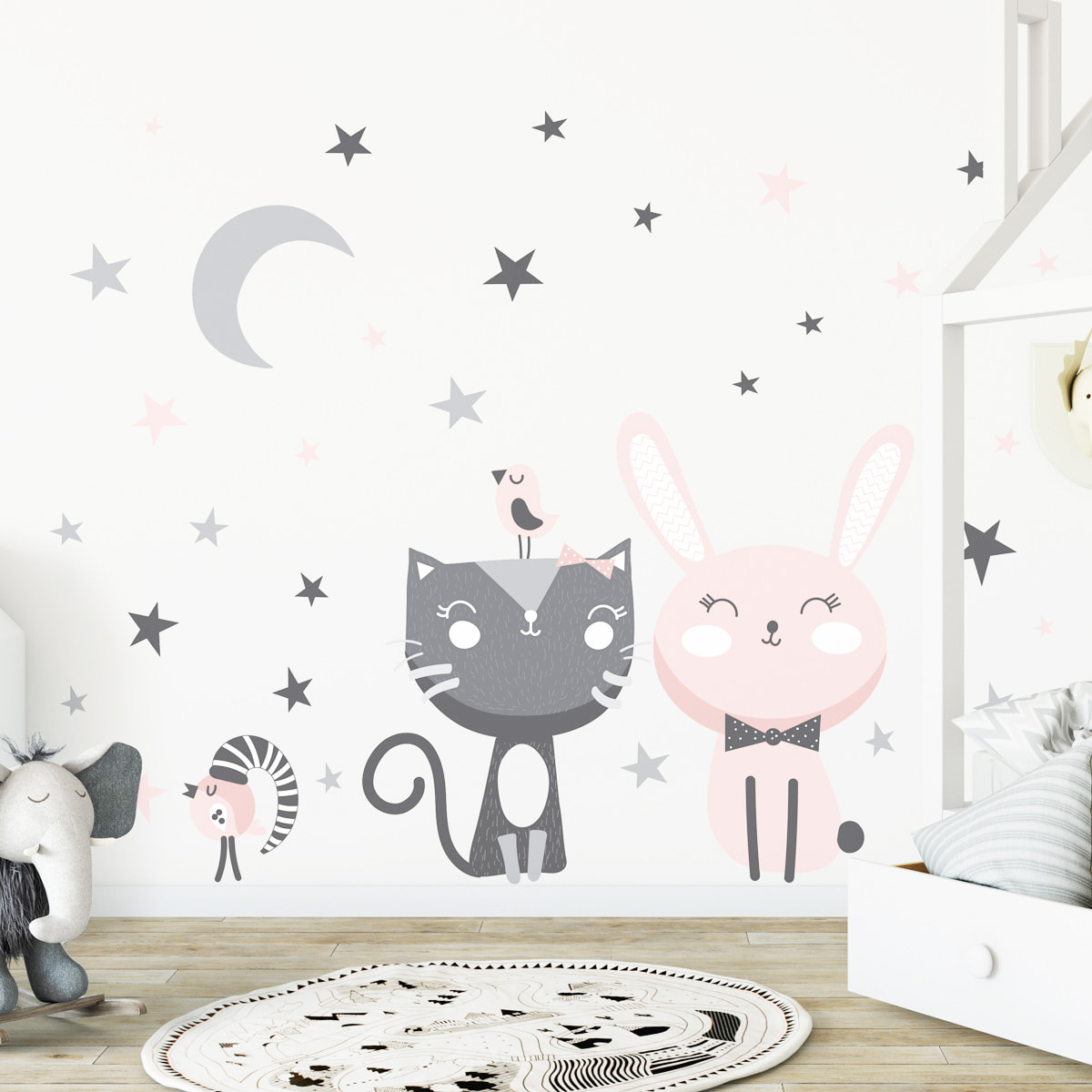 Stickers muraux | Sticker Mural Autocollant - CHAT, LAPIN ET OISEAUX DANS LES ÉTOILES - Stickers adhésifs