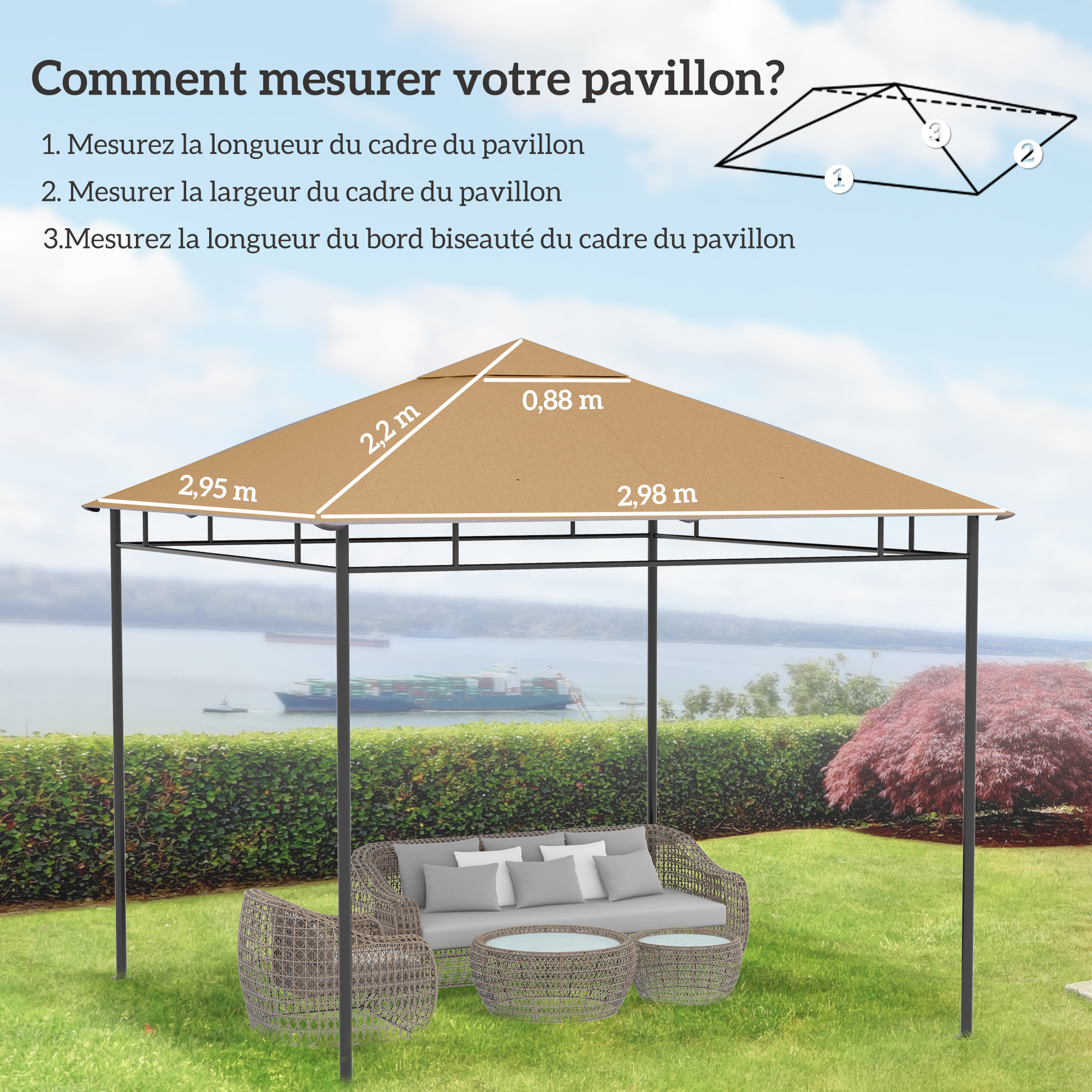 Toile de rechange pour pavillon tonnelle tente 3 x 3 m polyester haute densité 180 g/m² revêtement PA anti-UV beige