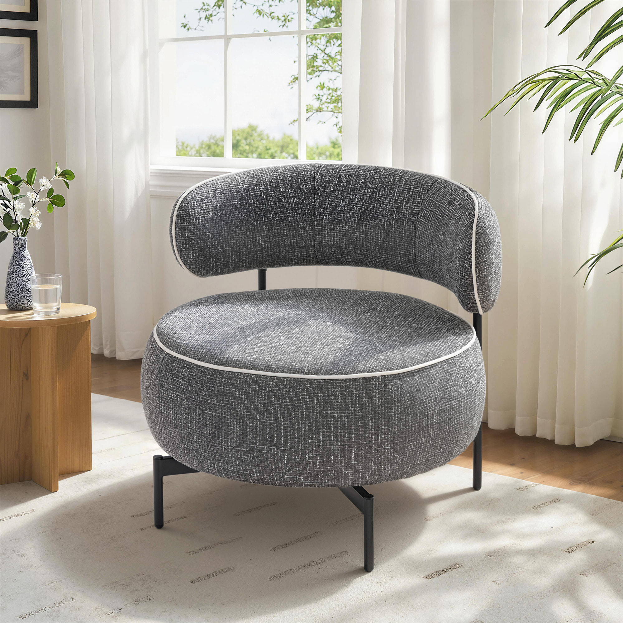 Butaca de Salón con Asiento Giratorio, Sillón de Salón, Tapizado en Lino, con Asiento Amplio, Acolchado Grueso, Patas de Metal para Dormitorio, Lectura, Gris Oscuro