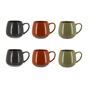 Lot de 6 mugs en grès - 3 couleurs assorties 40cl TERRA