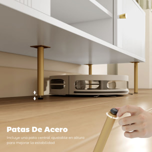 Mueble de TV Moderno de 2 Puertas, Mesa TV para Salón con 2 Estantes Abiertos Ajustables, Orificios Pasacables, Patas de Acero, para Televisión 65 Pulgadas, 140x38x45,9 cm, Blanco