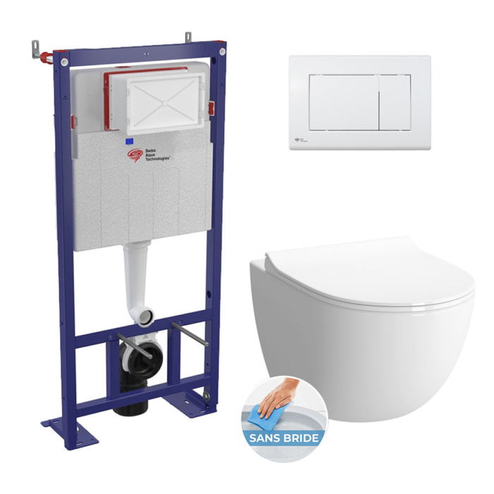 Pack WC bâti-autoportant + WC SAT infinitio sans bride fixations invisibles + Abattant softclose + Plaque blanche