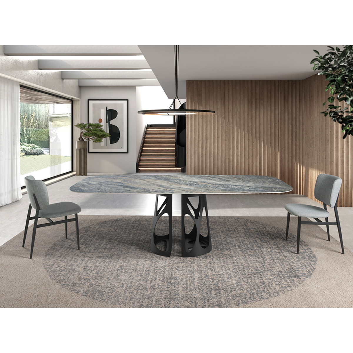 Silla Angel Cerdá con asiento y respaldo tapizados en tela en gris claro patas de acero inoxidable en epoxi negro 48x60x83cm